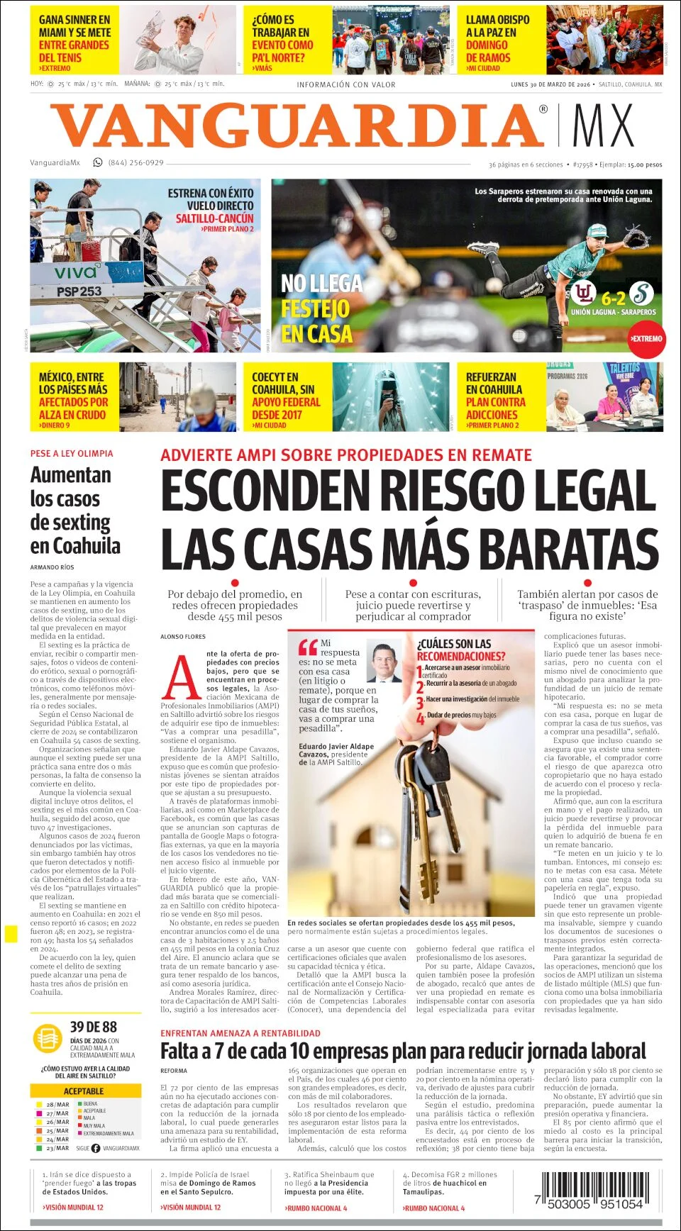 Portada de Vanguardia del lunes, 30 de marzo de 2026