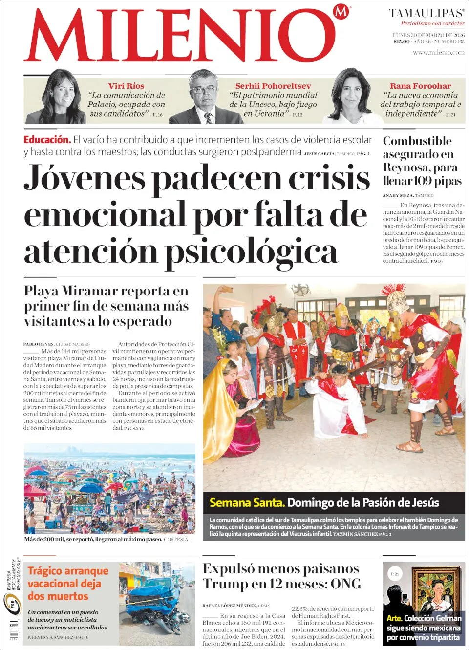 Portada de Milenio Tamaulipas del lunes, 30 de marzo de 2026
