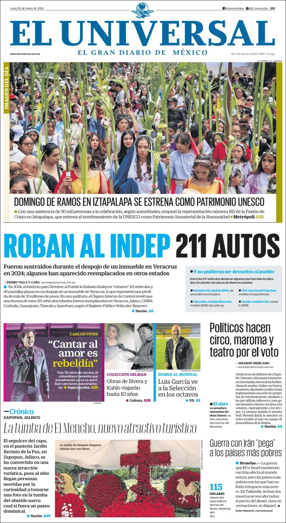 Portada de El Universal del lunes, 30 de marzo de 2026