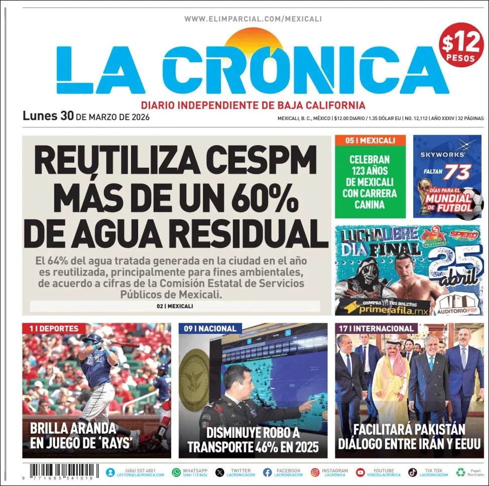 Portada de La Cronica del lunes, 30 de marzo de 2026