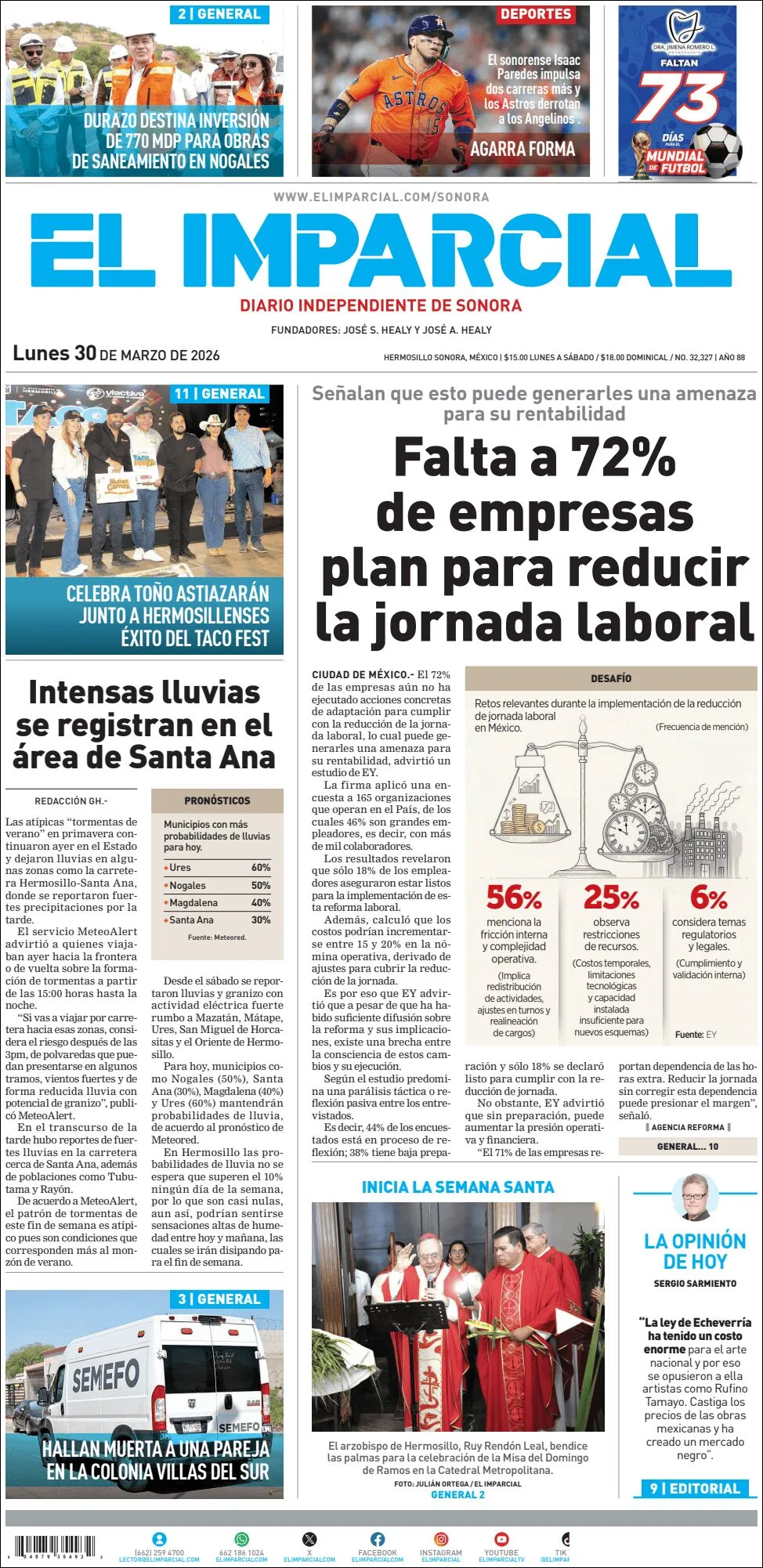 Portada de El Imparcial del lunes, 30 de marzo de 2026