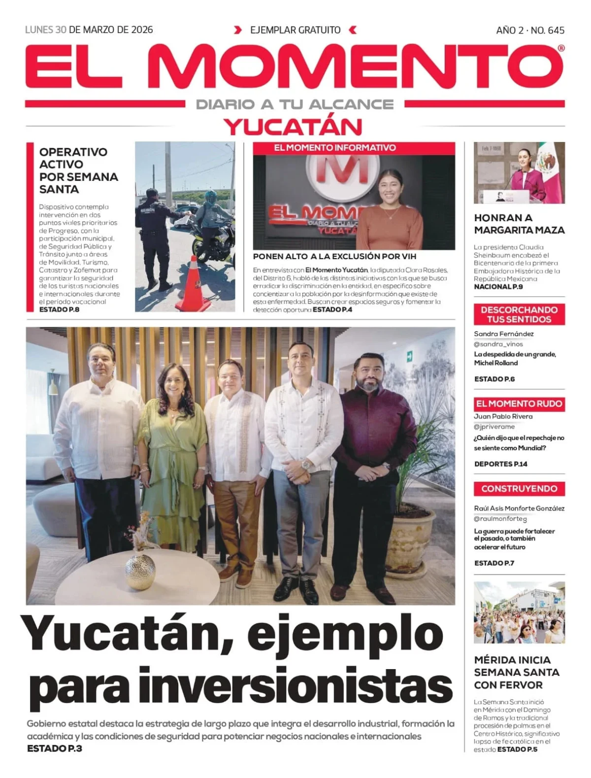 Portada de El Momento Yucatan del lunes, 30 de marzo de 2026