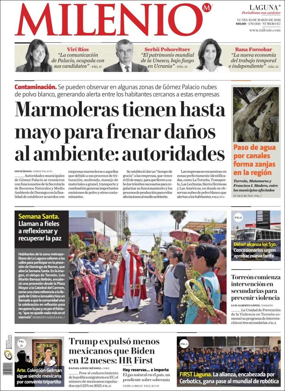 Portada de Milenio Laguna del lunes, 30 de marzo de 2026