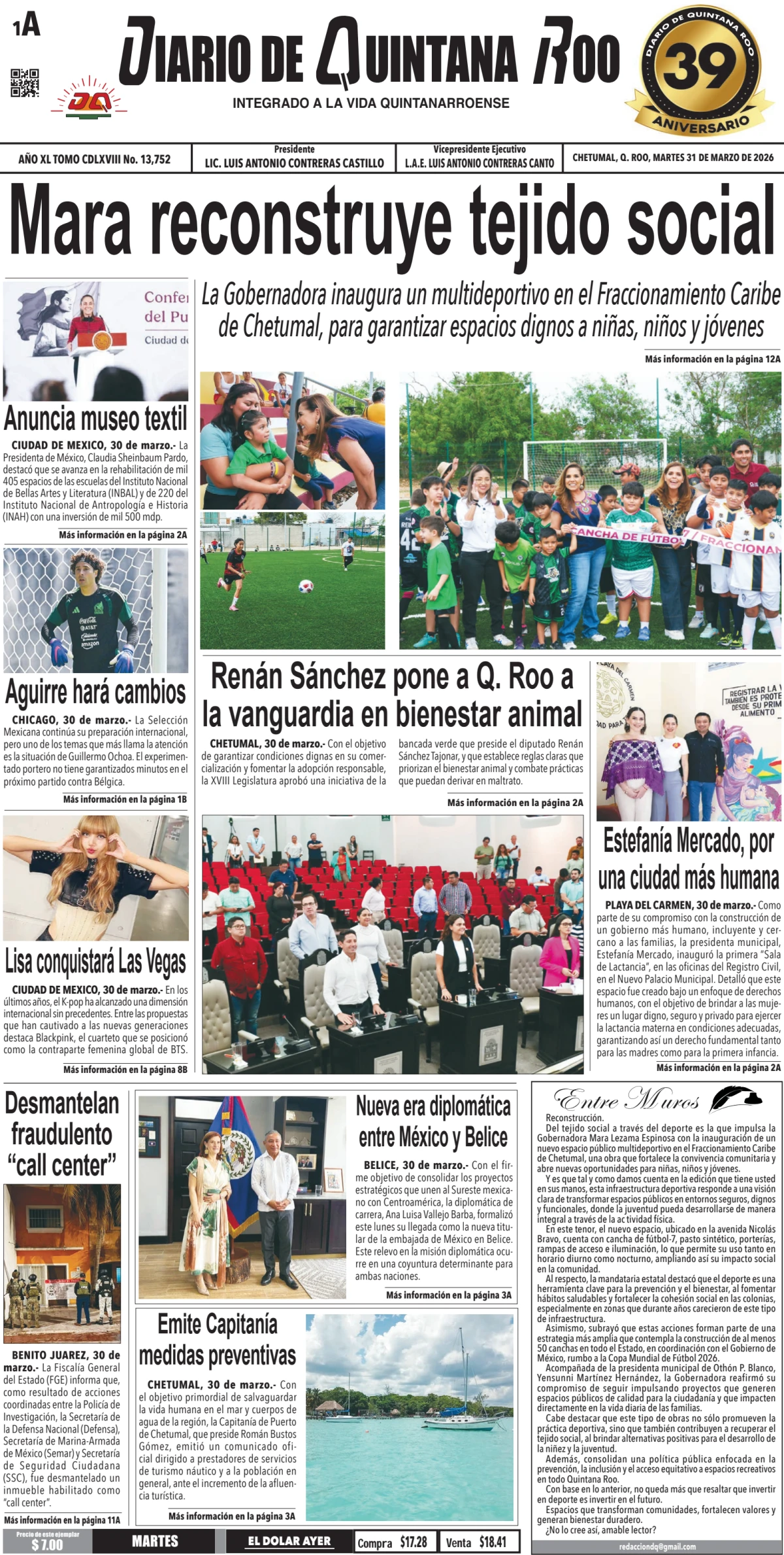 Portada de Diario de Quintana Roo (portada) del martes, 31 de marzo de 2026