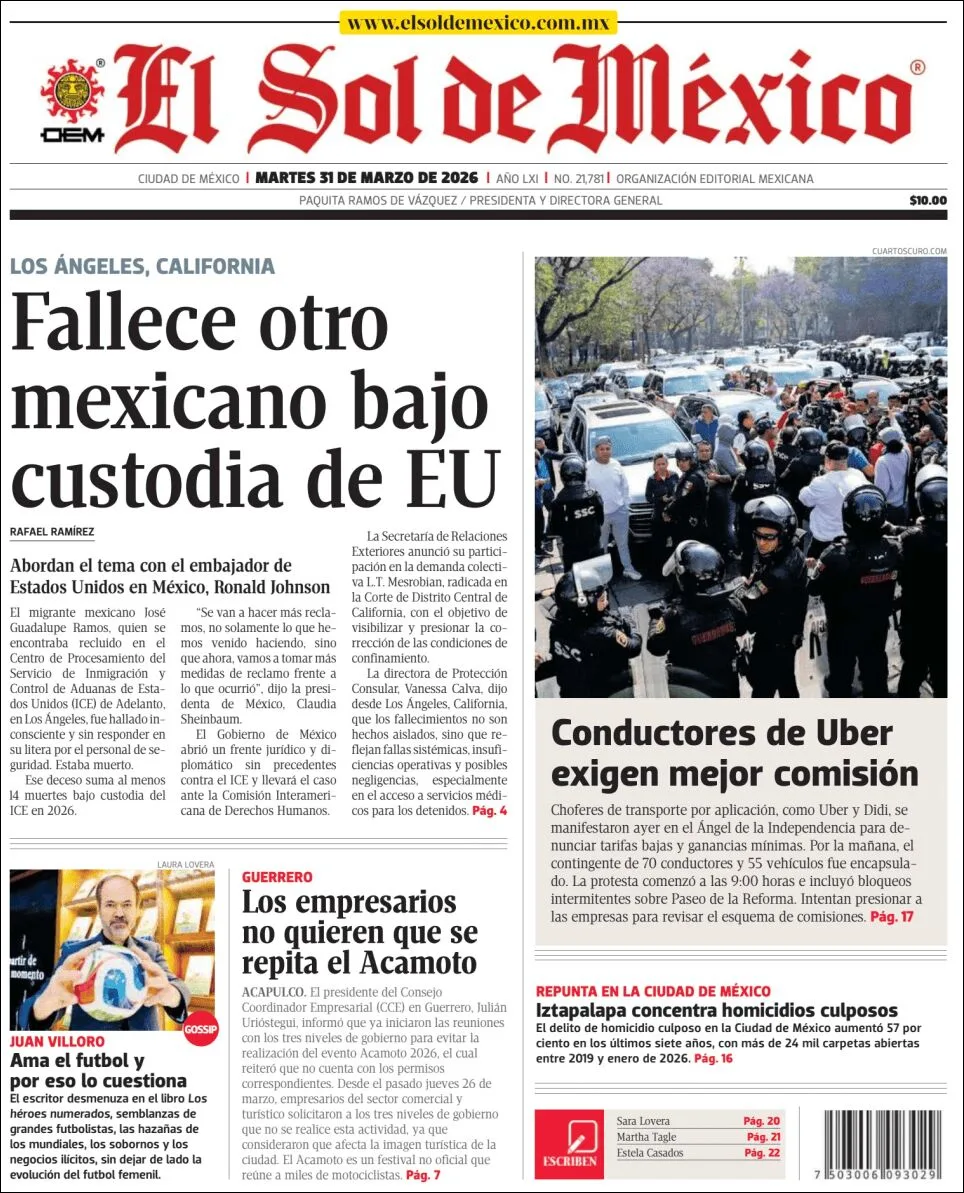 Portada de El Sol de Mexico del martes, 31 de marzo de 2026