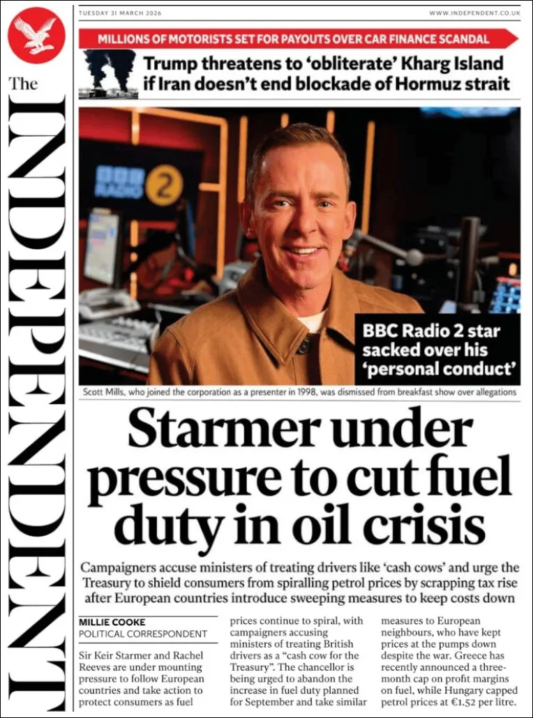 Portada de The Independent del martes, 31 de marzo de 2026