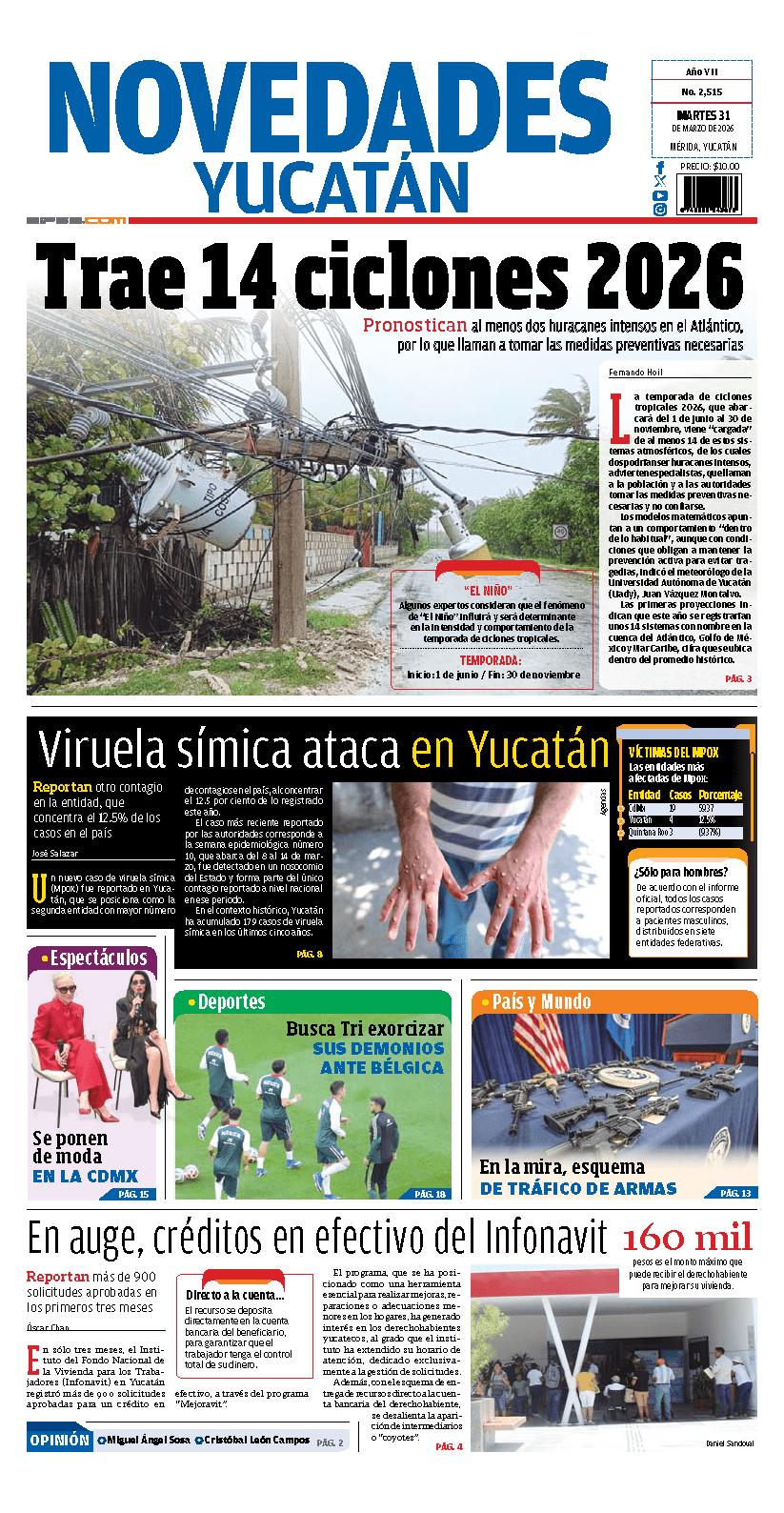 Portada de Novedades Yucatan del martes, 31 de marzo de 2026