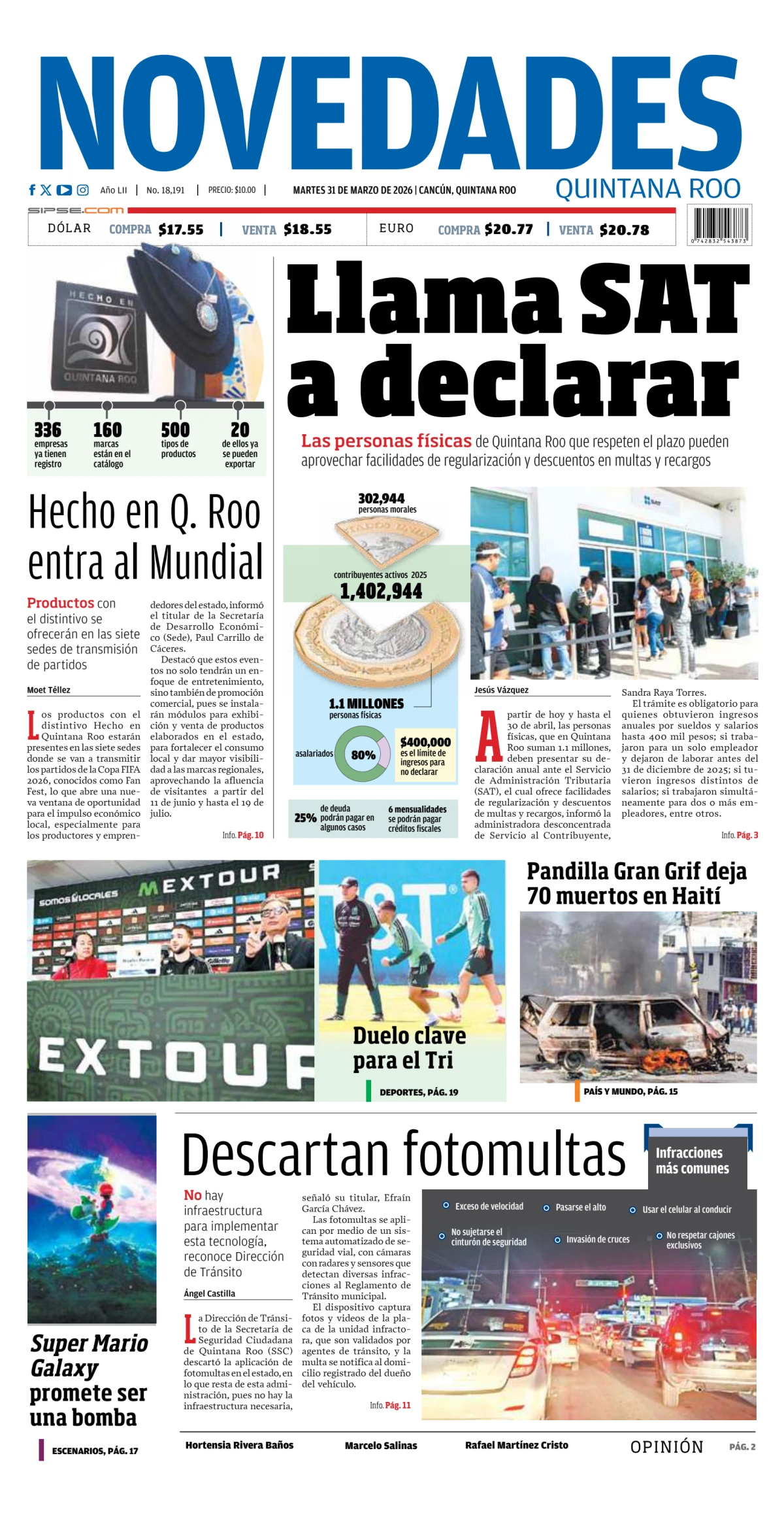 Portada de Novedades Quintana Roo del martes, 31 de marzo de 2026