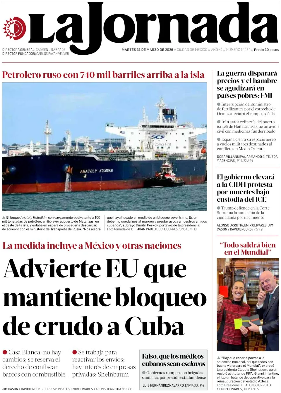 Portada de La Jornada del martes, 31 de marzo de 2026