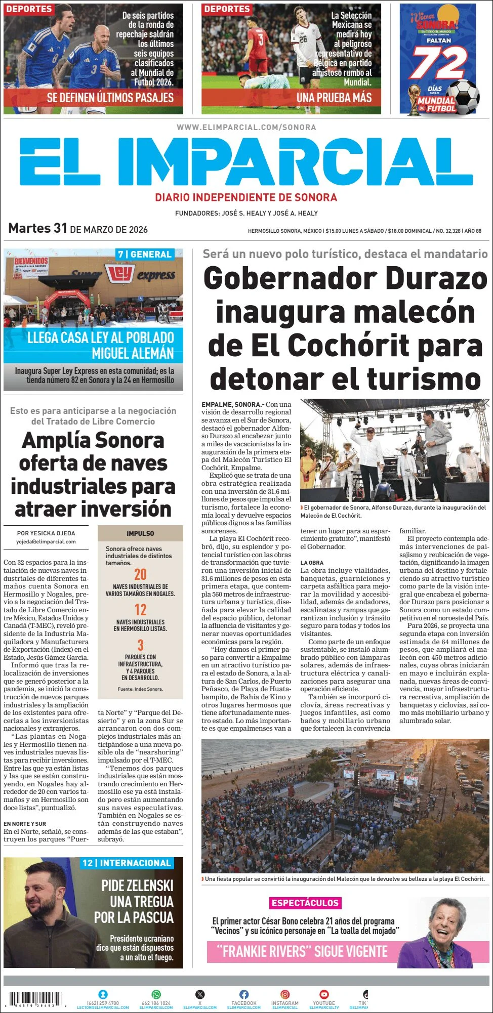 Portada de El Imparcial del martes, 31 de marzo de 2026