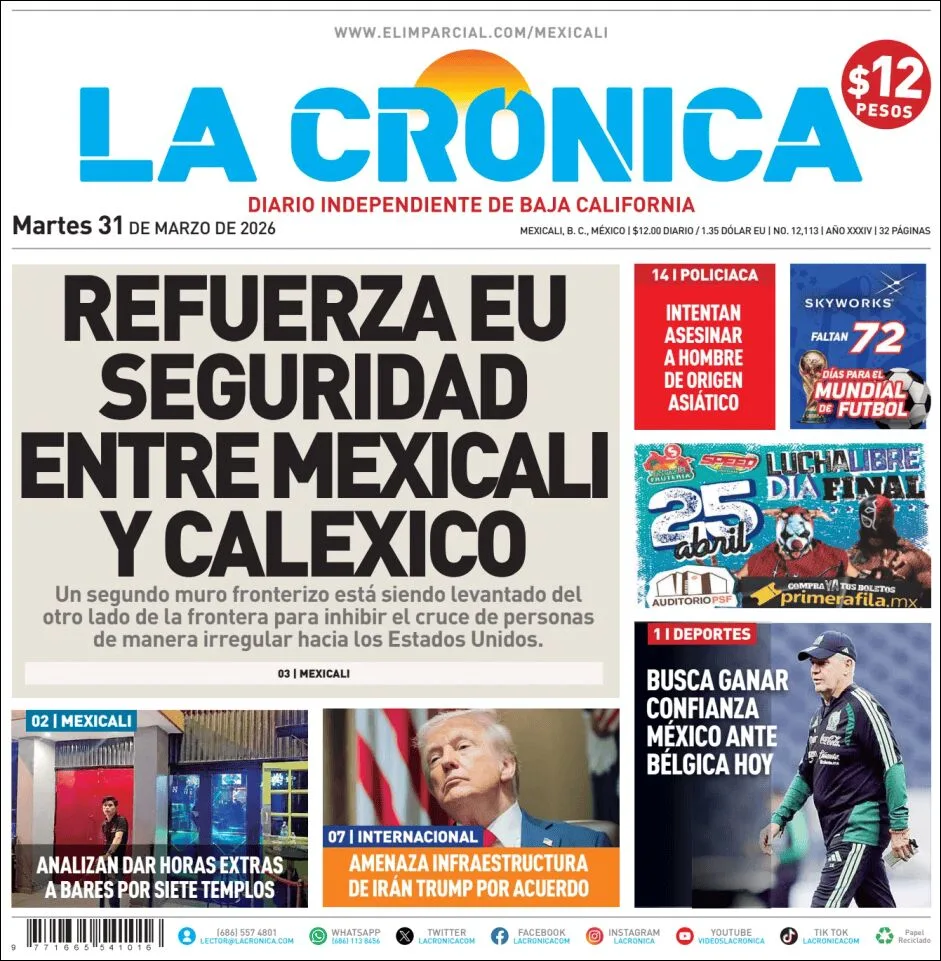 Portada de La Cronica del martes, 31 de marzo de 2026