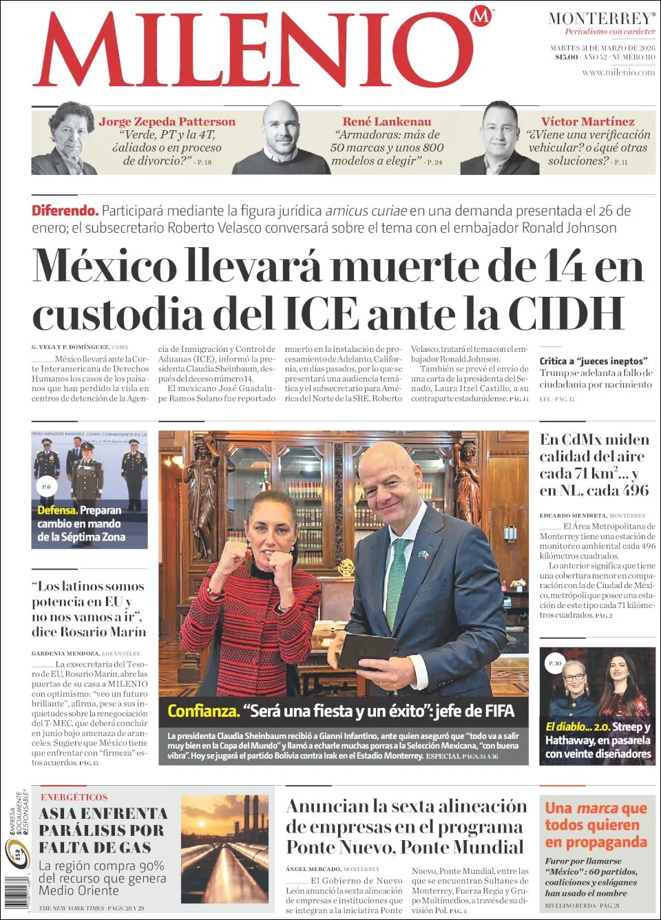 Portada de Milenio del martes, 31 de marzo de 2026