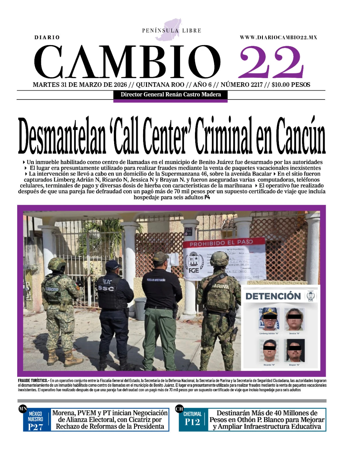Portada de Diario Cambio 22 (portada) del martes, 31 de marzo de 2026