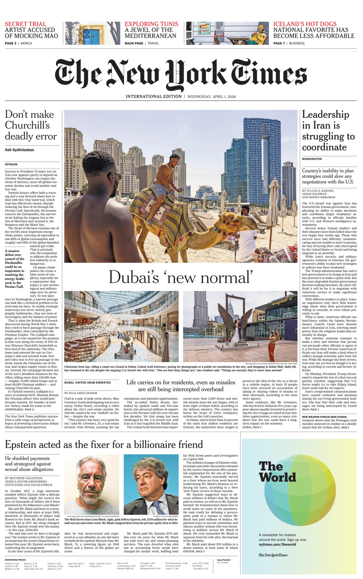 Portada de The New York Times (international) del miércoles, 1 de abril de 2026