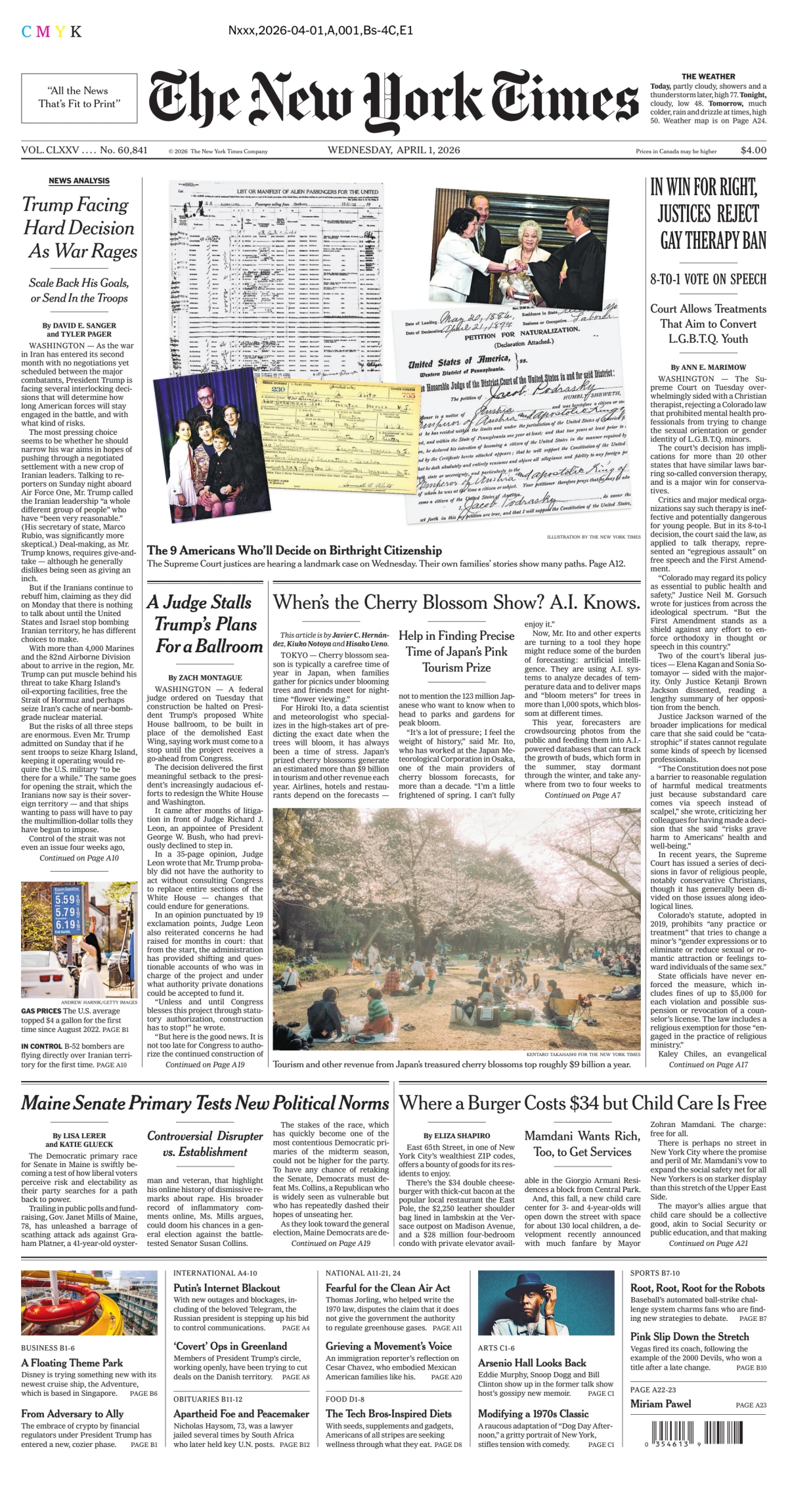 Portada de The New York Times (new York) del miércoles, 1 de abril de 2026