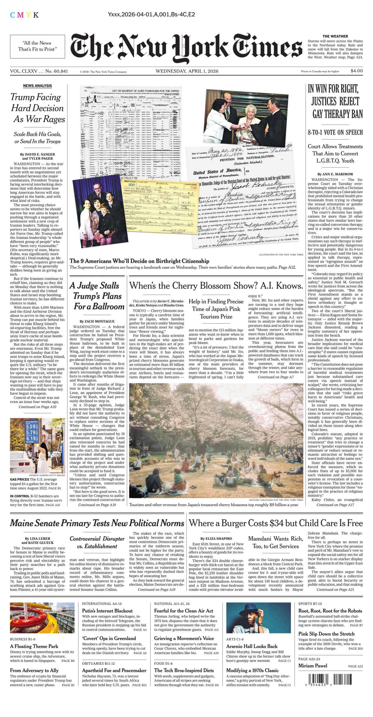 Portada de The New York Times (national) del miércoles, 1 de abril de 2026