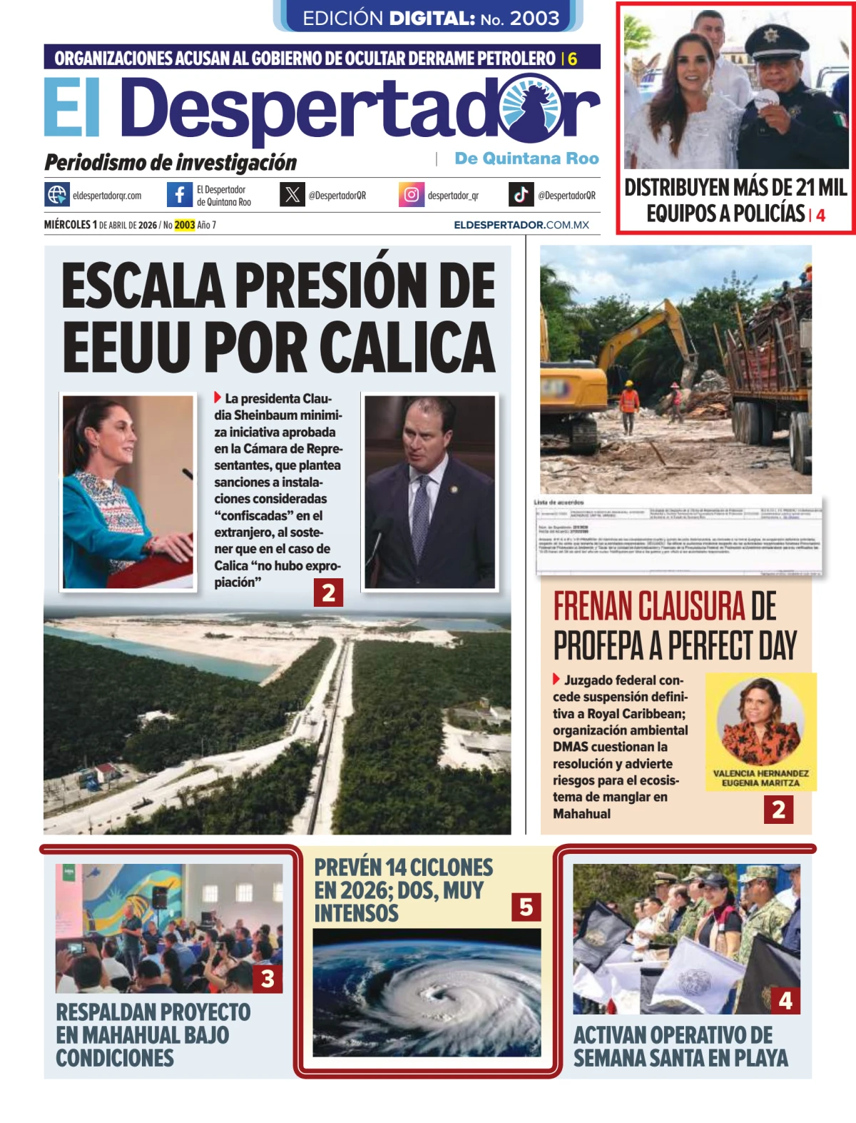 Portada de El Despertador de Quintana Roo del miércoles, 1 de abril de 2026