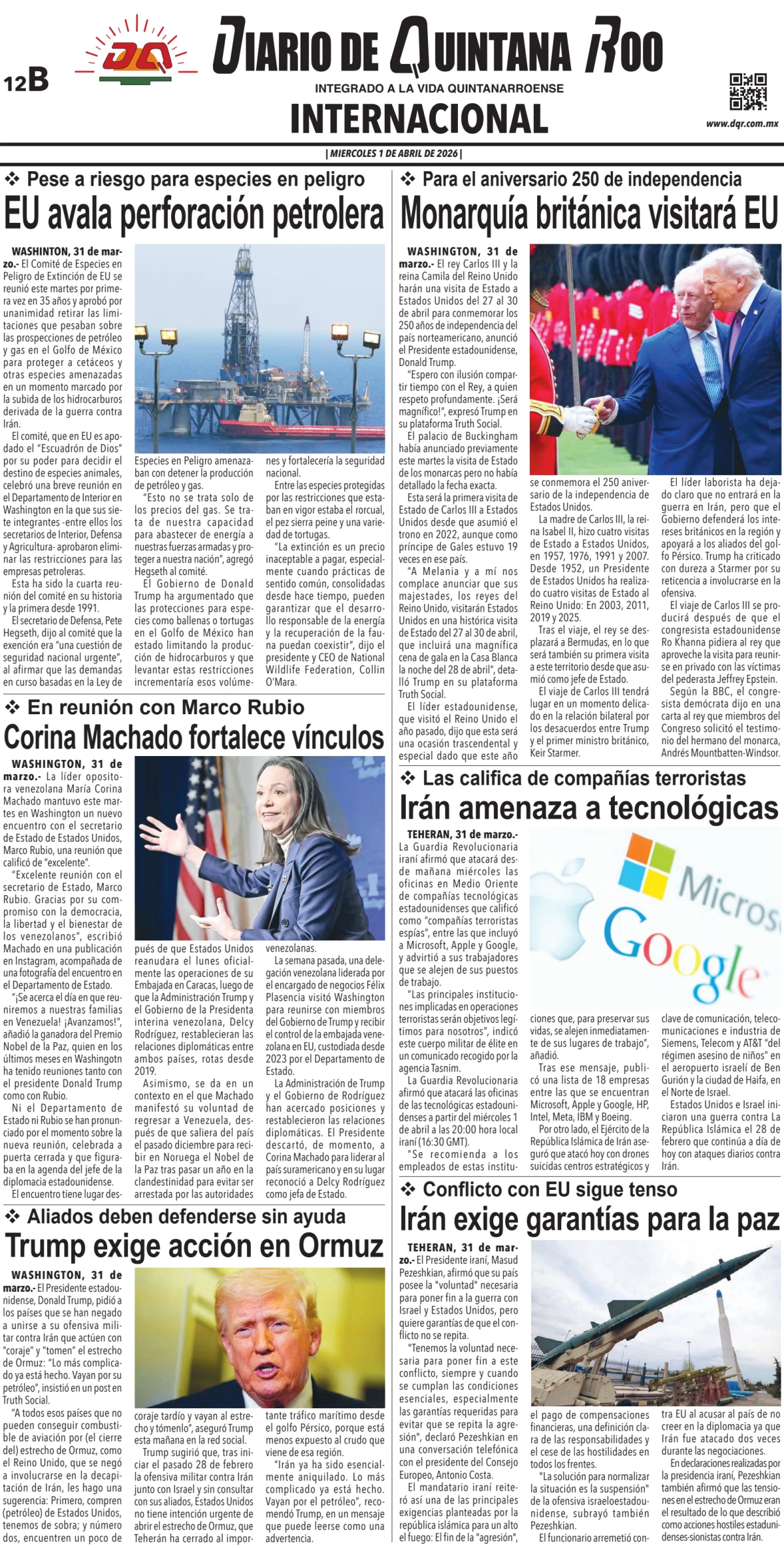 Portada de Diario de Quintana Roo (contra Portada) del miércoles, 1 de abril de 2026