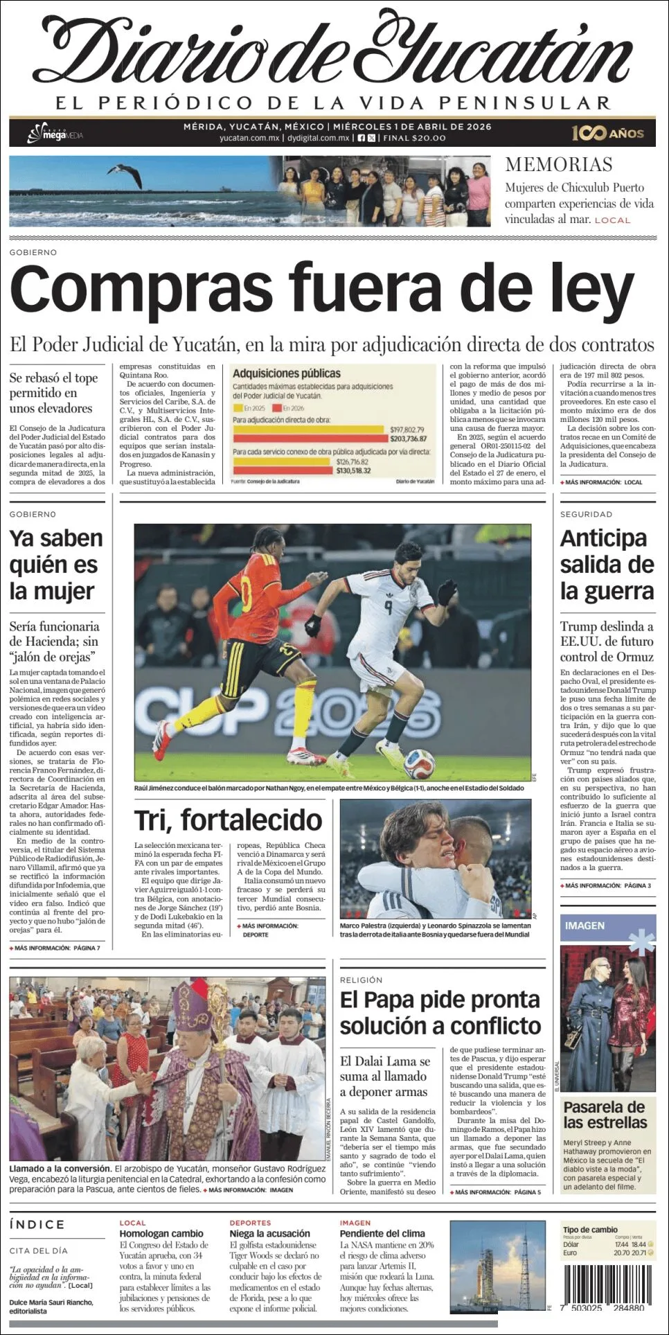 Portada de Diario de Yucatán del miércoles, 1 de abril de 2026