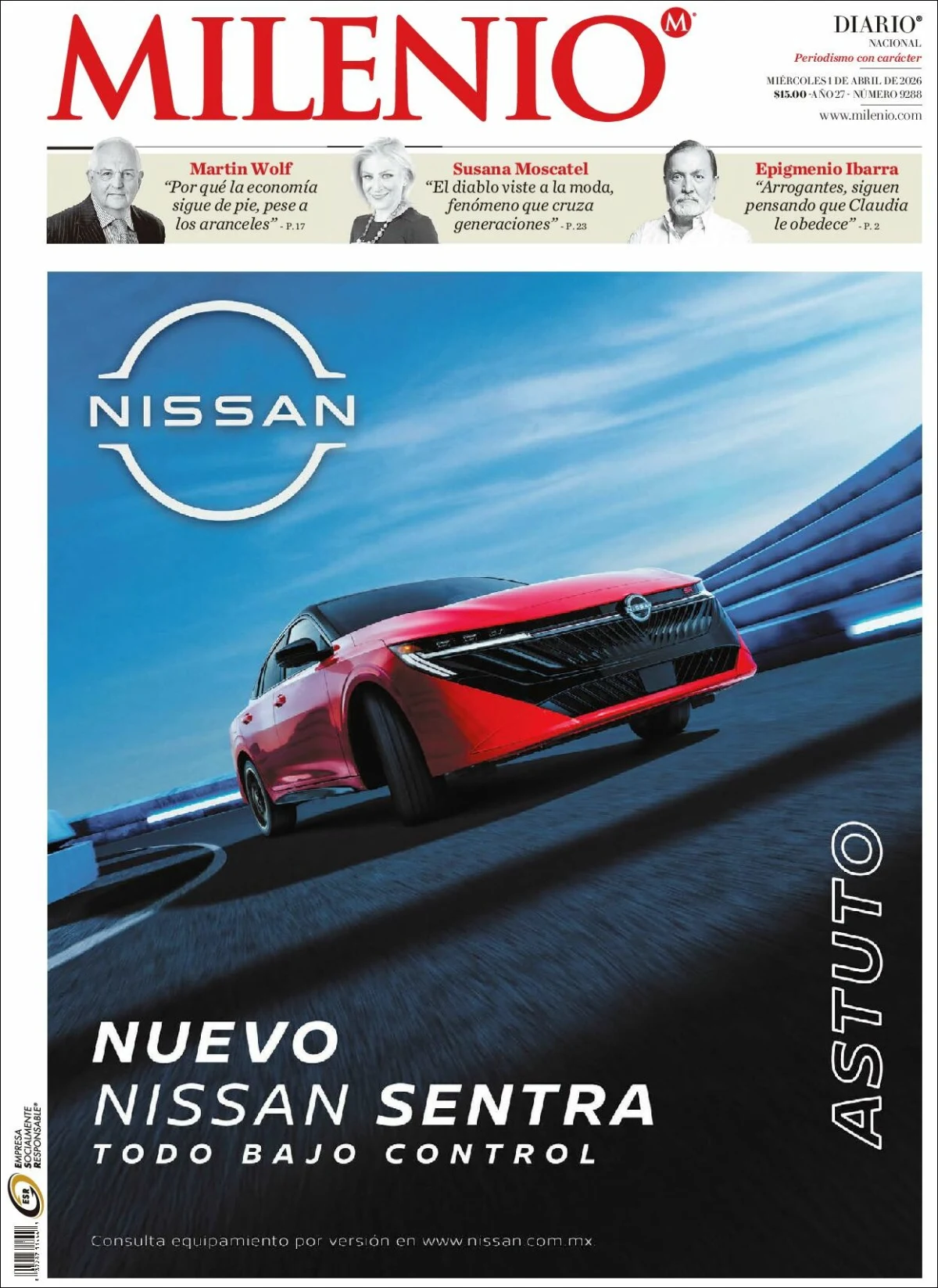 Portada de Milenio del miércoles, 1 de abril de 2026