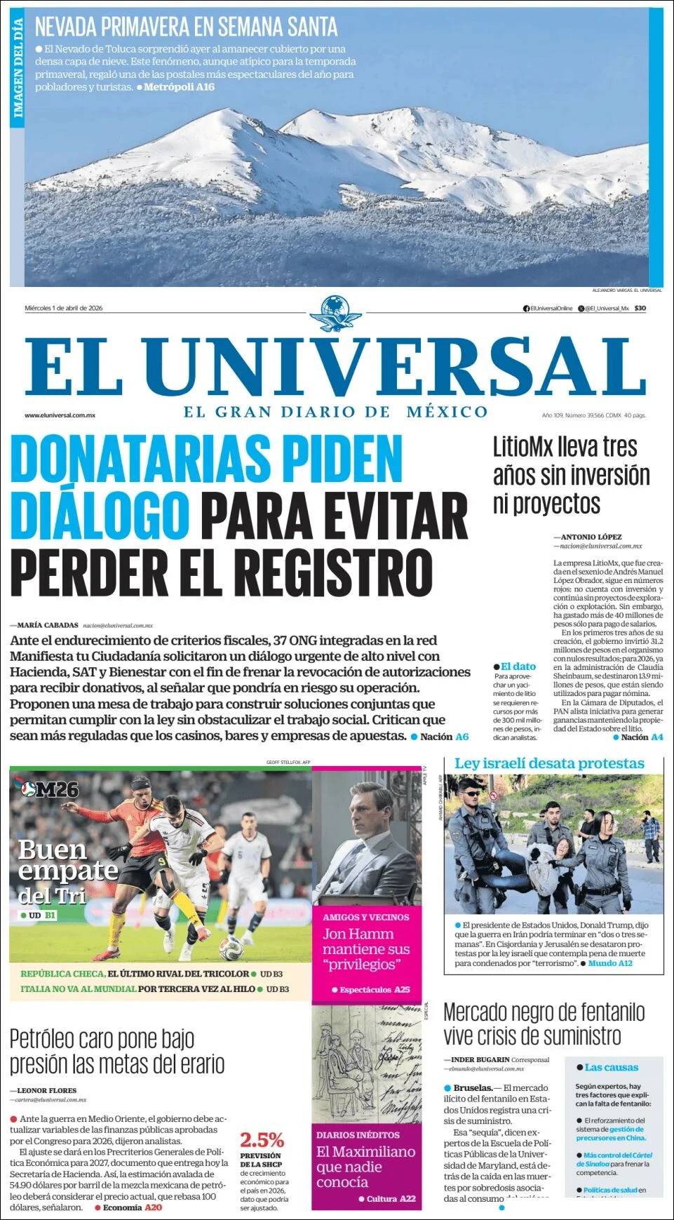 Portada de El Universal del miércoles, 1 de abril de 2026