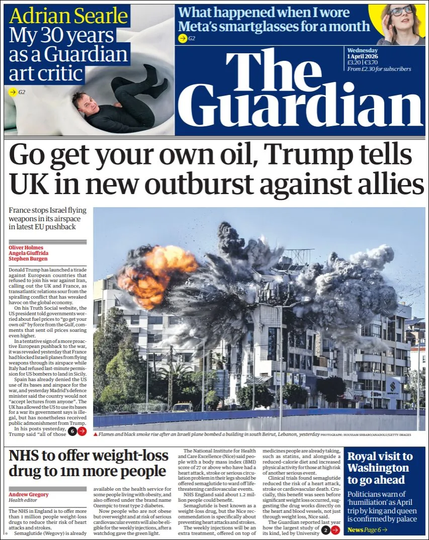 Portada de The Guardian (reino Unido) del 2026-04-01