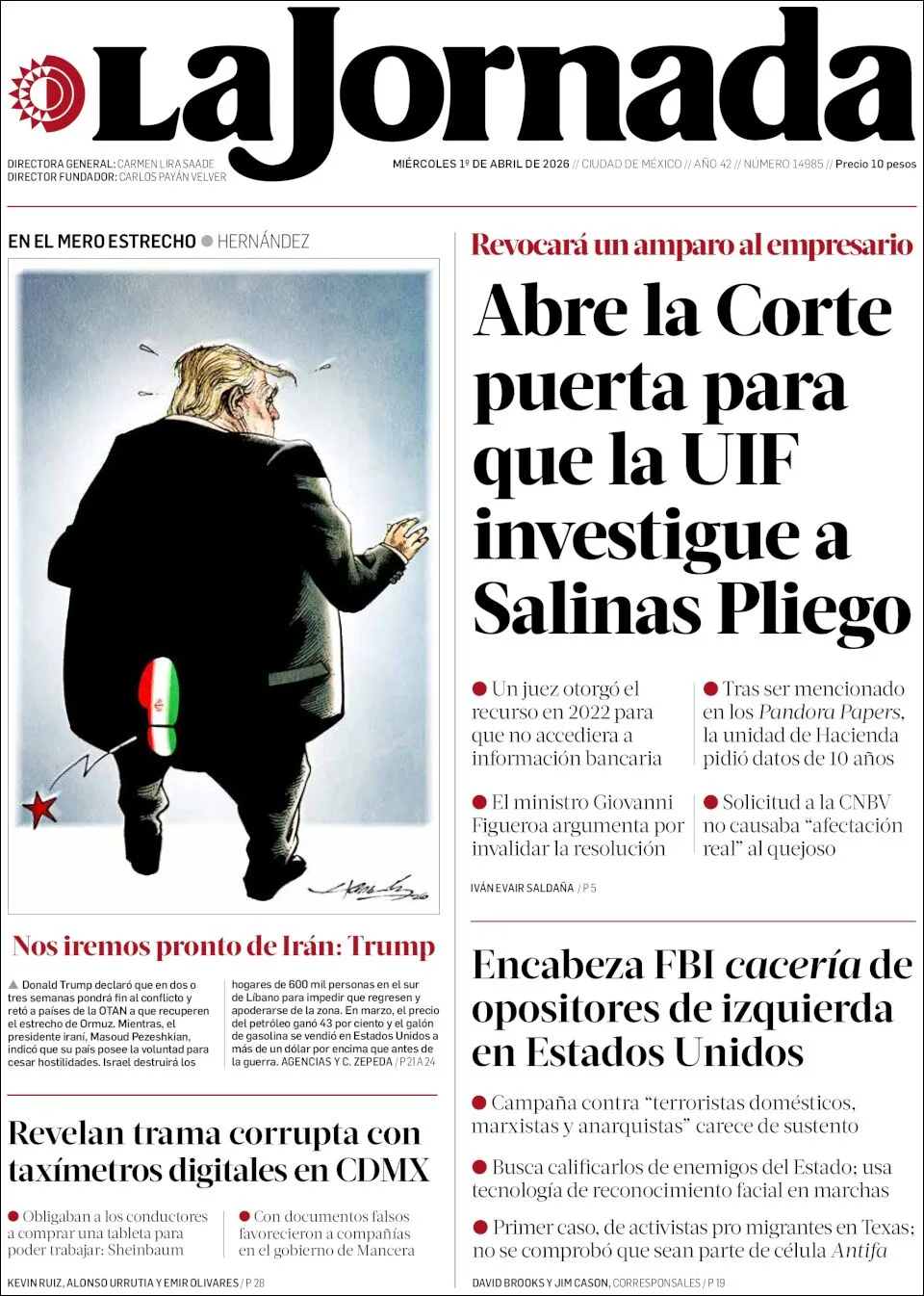 Portada de La Jornada del miércoles, 1 de abril de 2026
