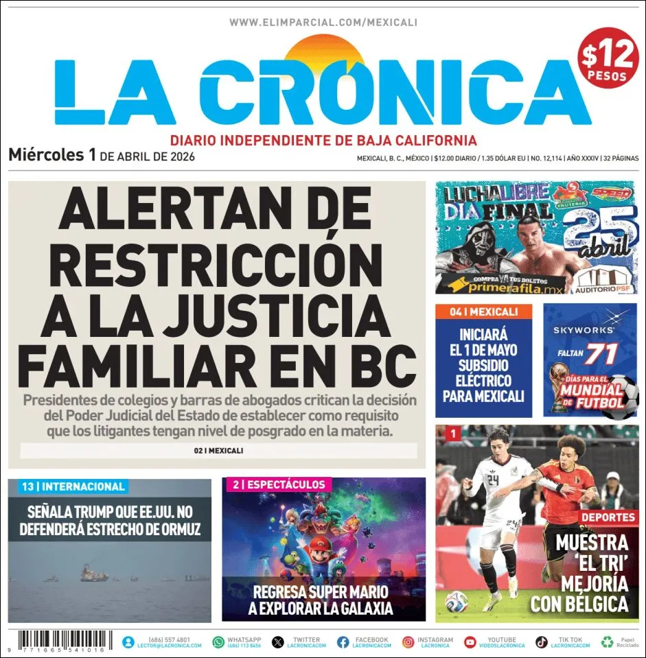 Portada de La Cronica del miércoles, 1 de abril de 2026