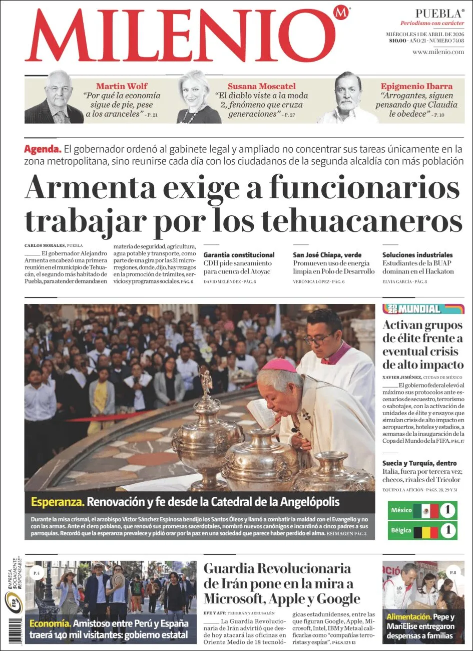 Portada de Milenio Puebla del miércoles, 1 de abril de 2026