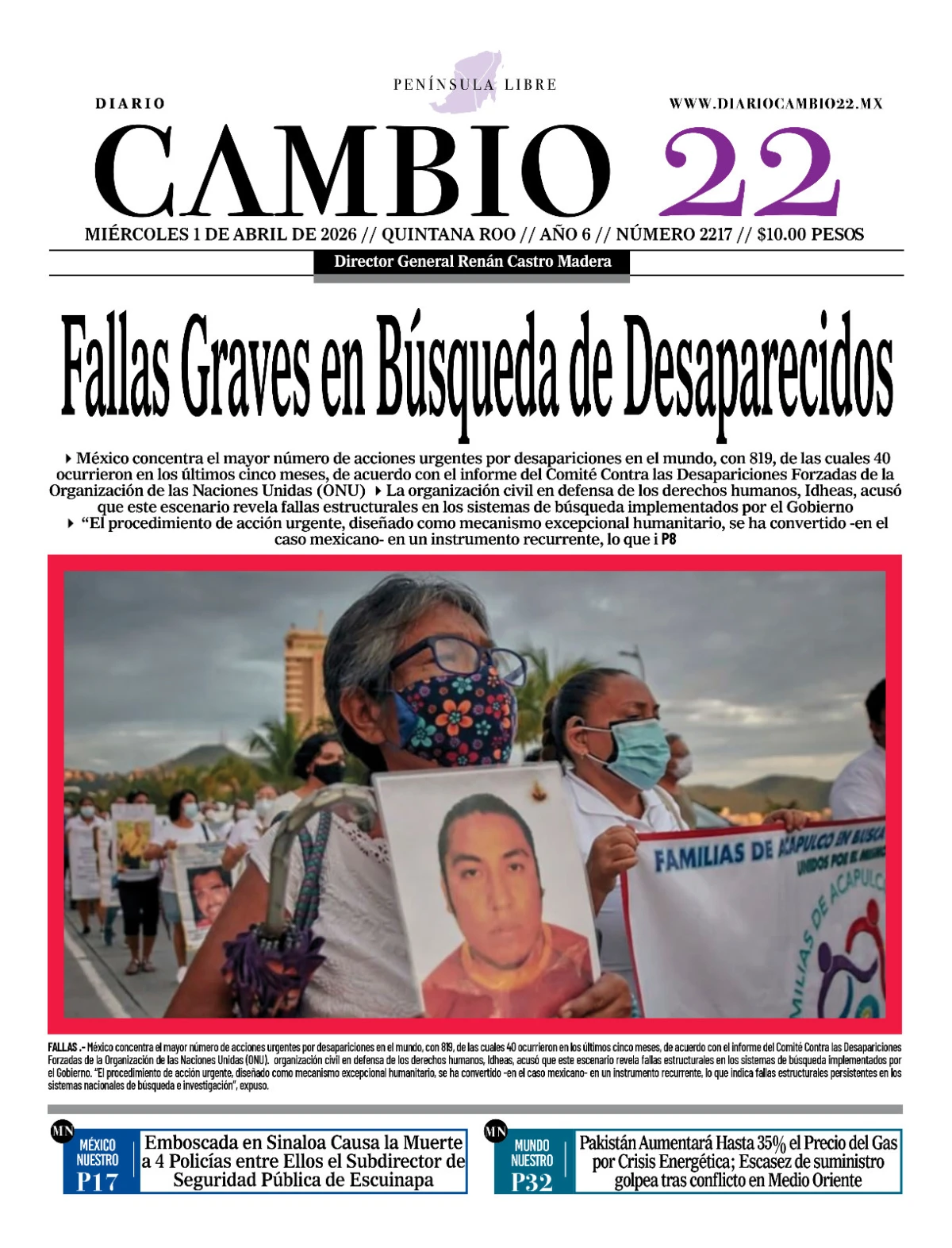Portada de Diario Cambio 22 (contraportada) del miércoles, 1 de abril de 2026