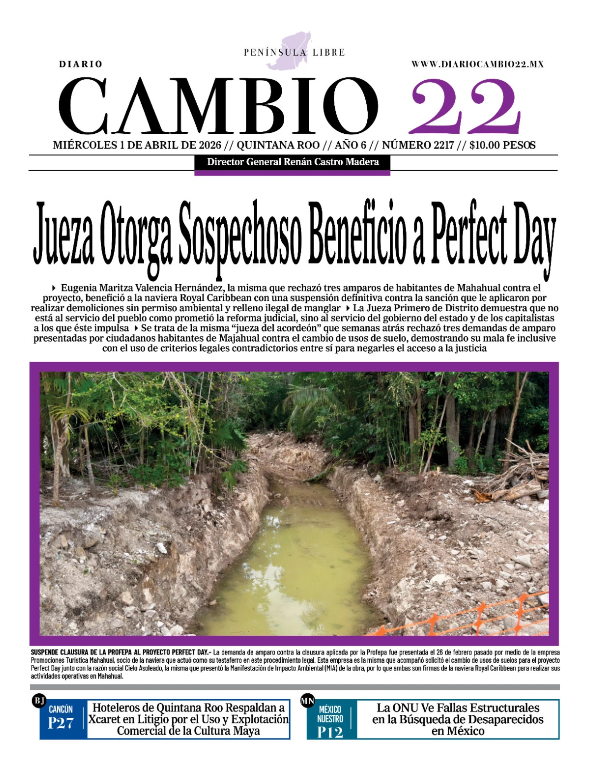 Portada de Diario Cambio 22 (portada) del miércoles, 1 de abril de 2026