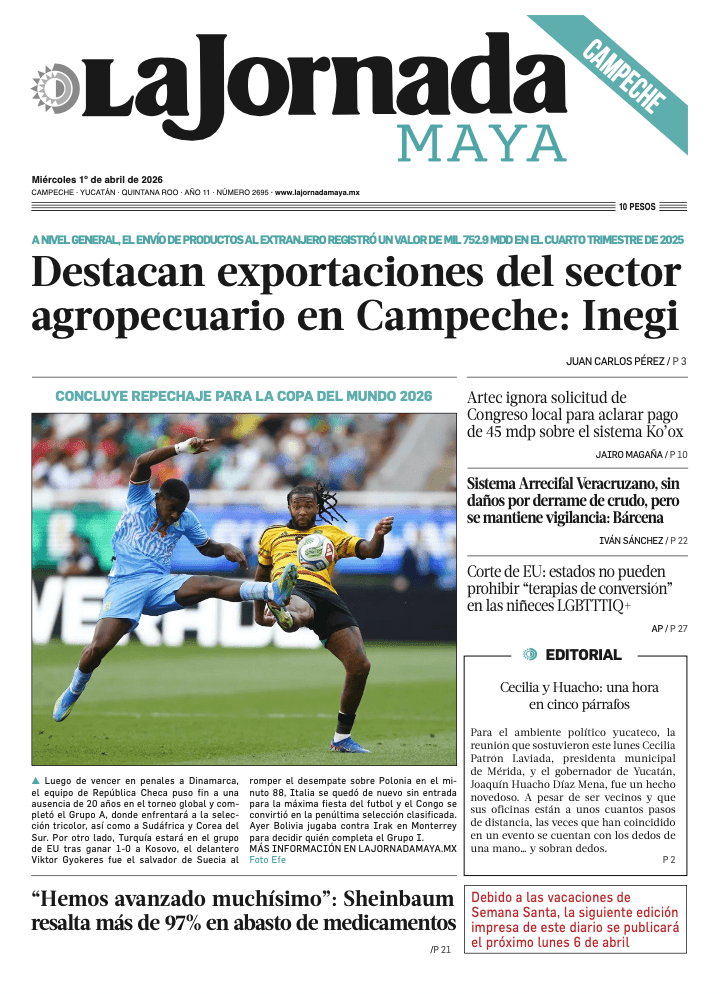 Portada de La Jornada Maya Campeche del miércoles, 1 de abril de 2026