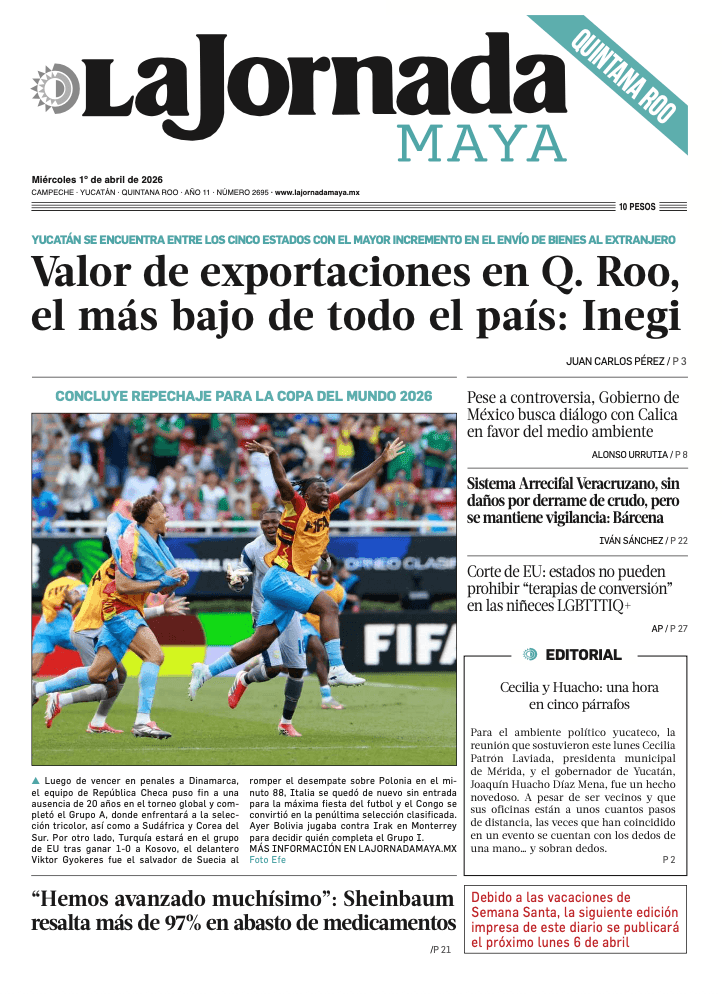 Portada de La Jornada Maya Quintana Roo del miércoles, 1 de abril de 2026
