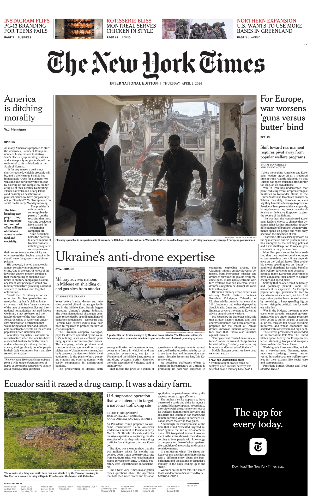 Portada de The New York Times (international) del jueves, 2 de abril de 2026