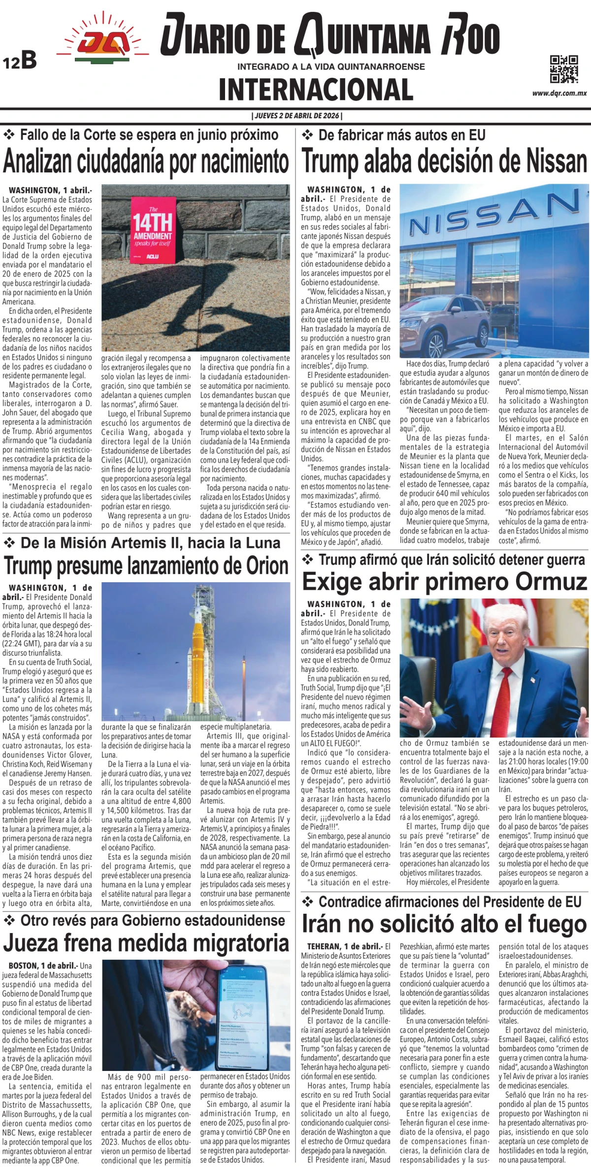 Portada de Diario de Quintana Roo (contra Portada) del jueves, 2 de abril de 2026