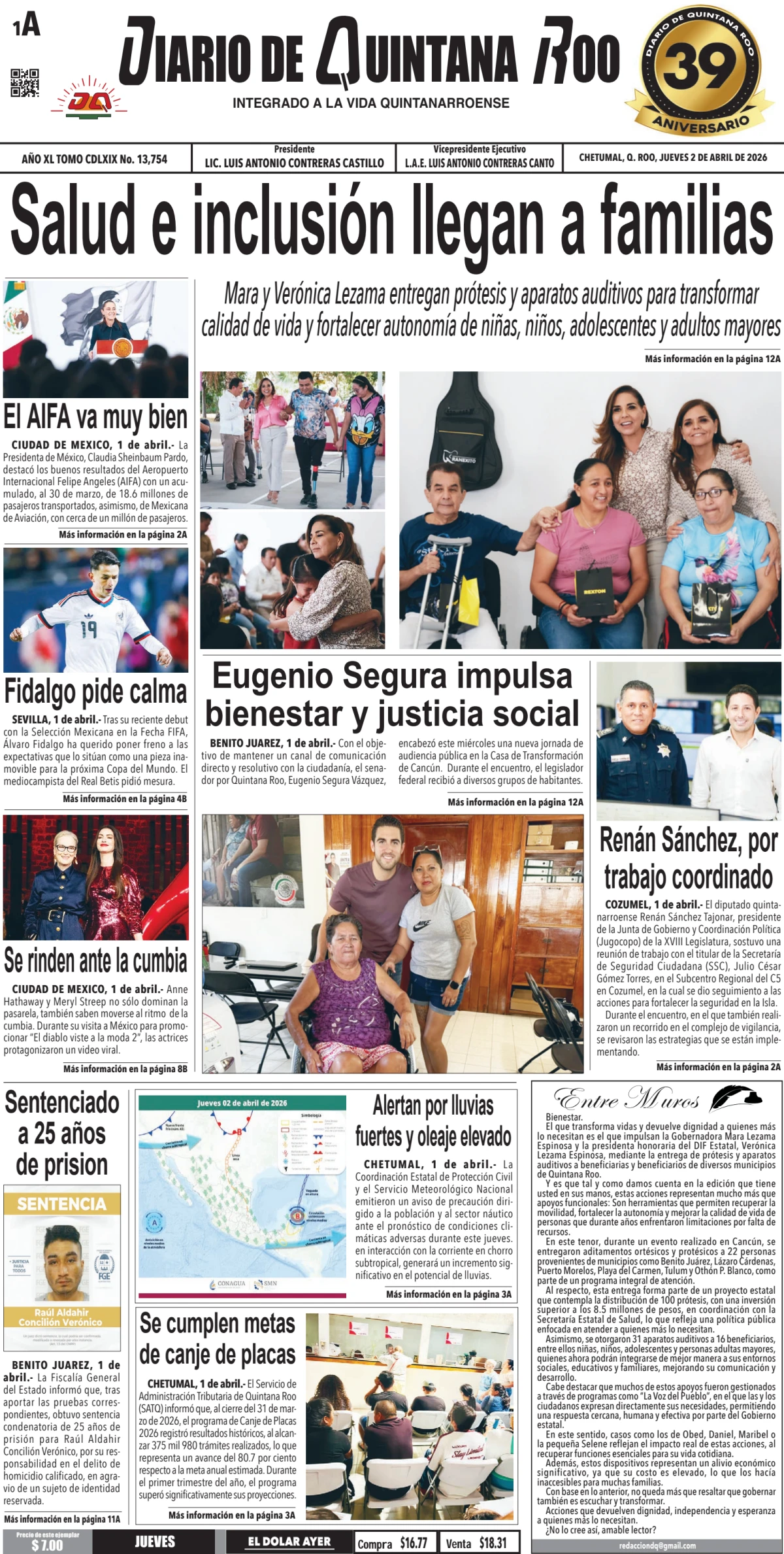 Portada de Diario de Quintana Roo (portada) del jueves, 2 de abril de 2026