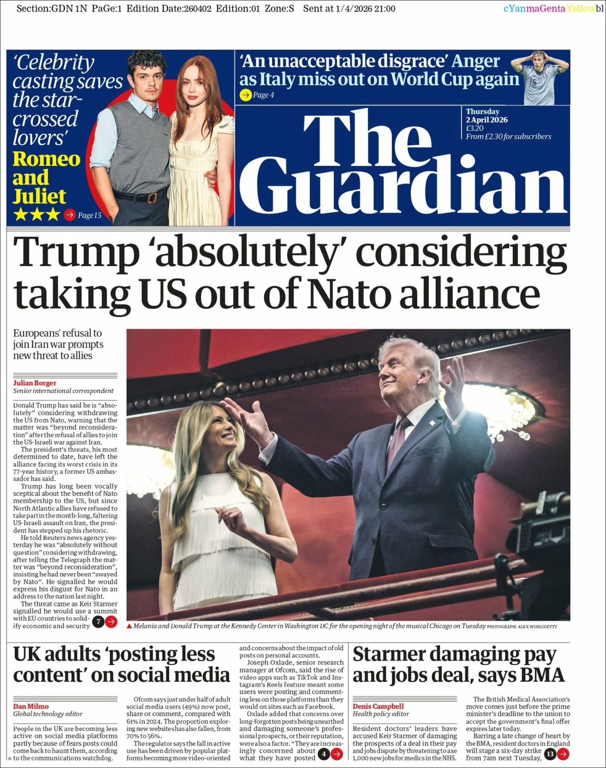 Portada de The Guardian (reino Unido) del 2026-04-02