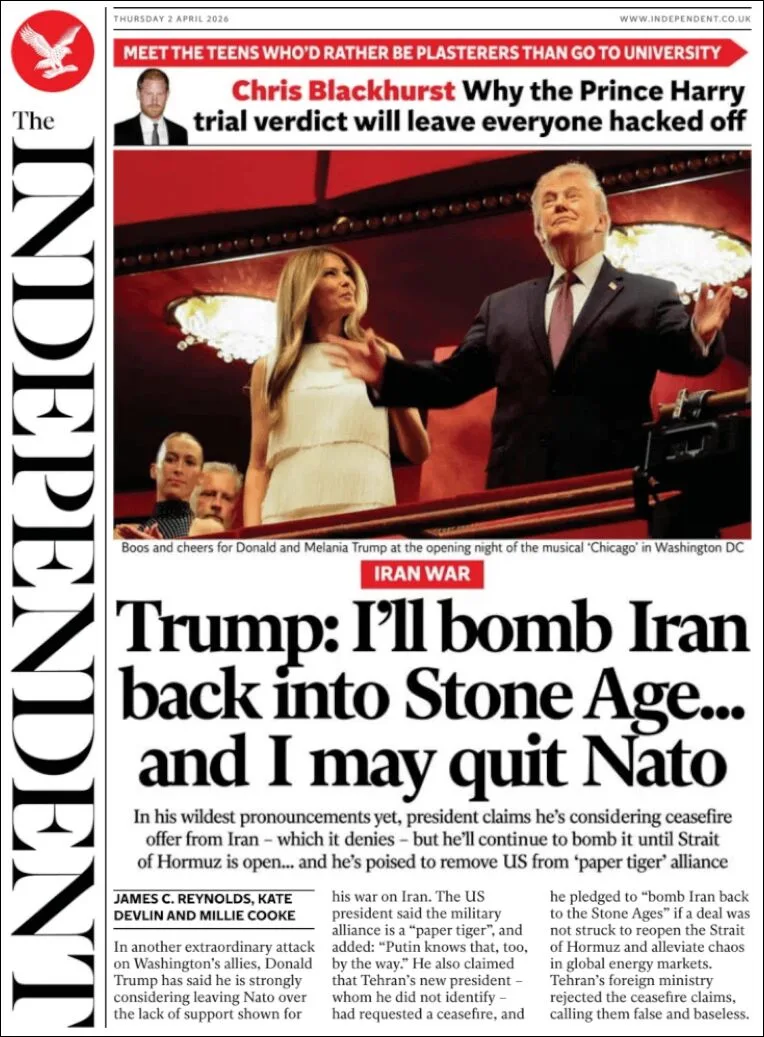 Portada de The Independent del jueves, 2 de abril de 2026