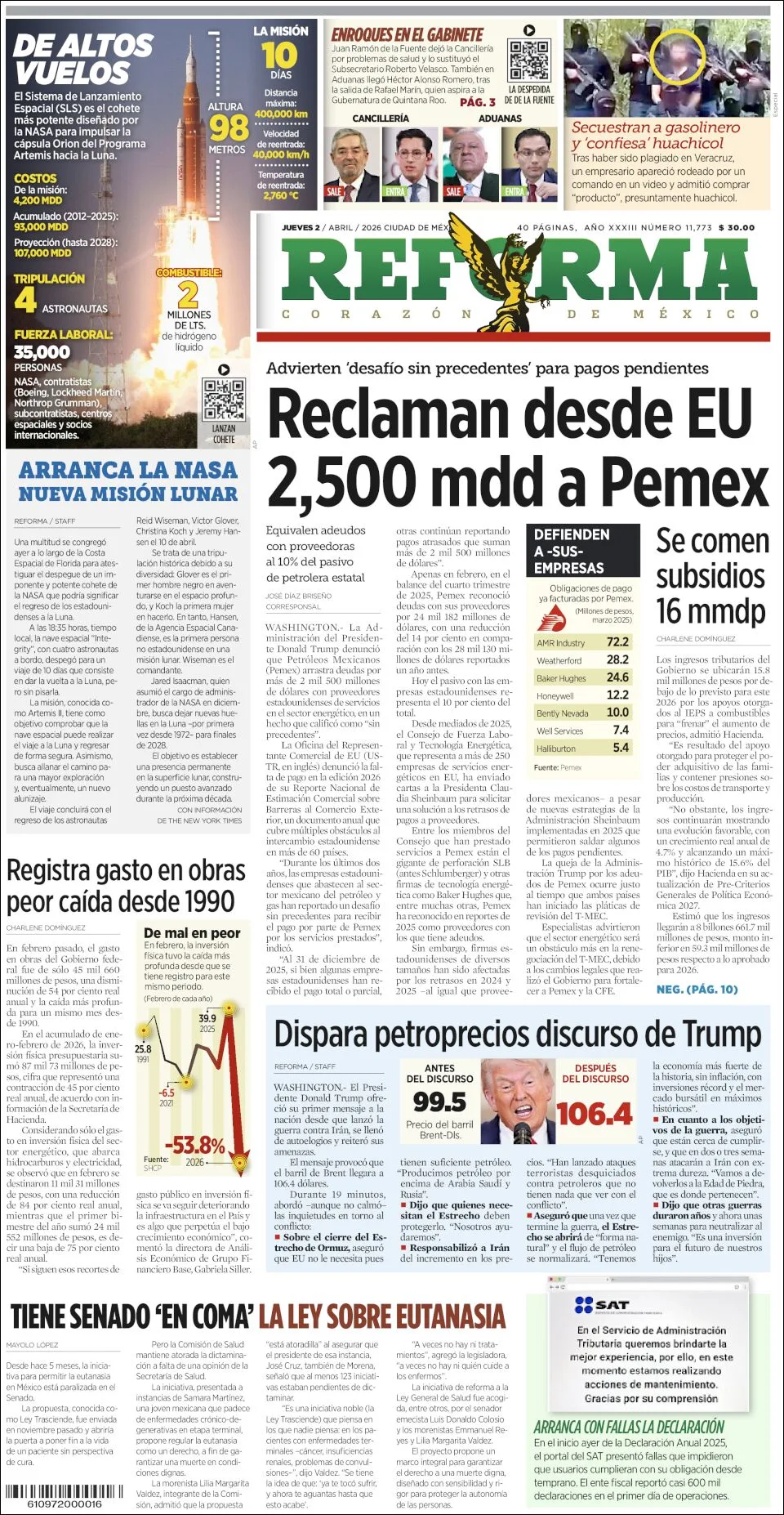 Portada de Reforma del jueves, 2 de abril de 2026