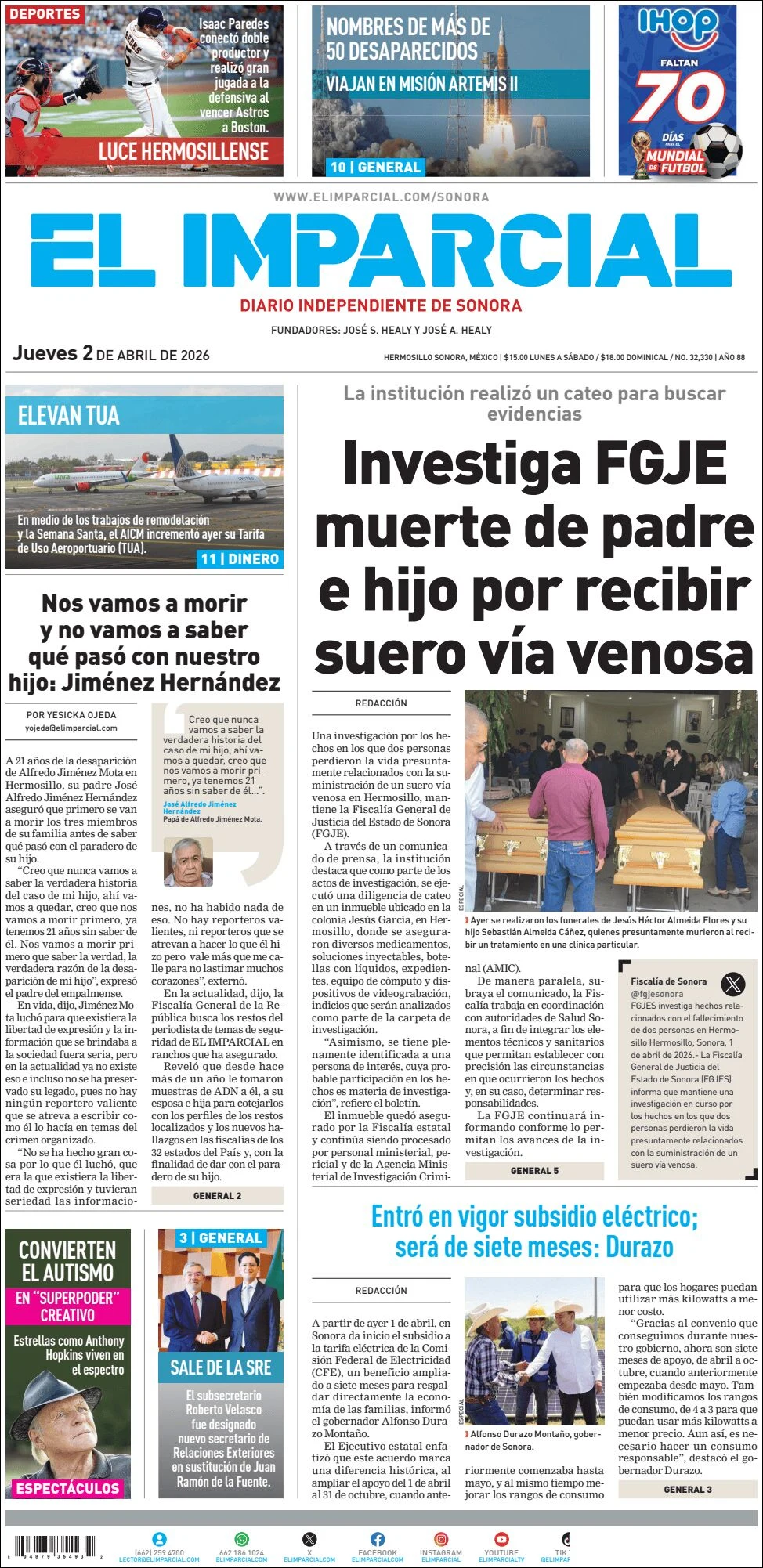 Portada de El Imparcial del jueves, 2 de abril de 2026