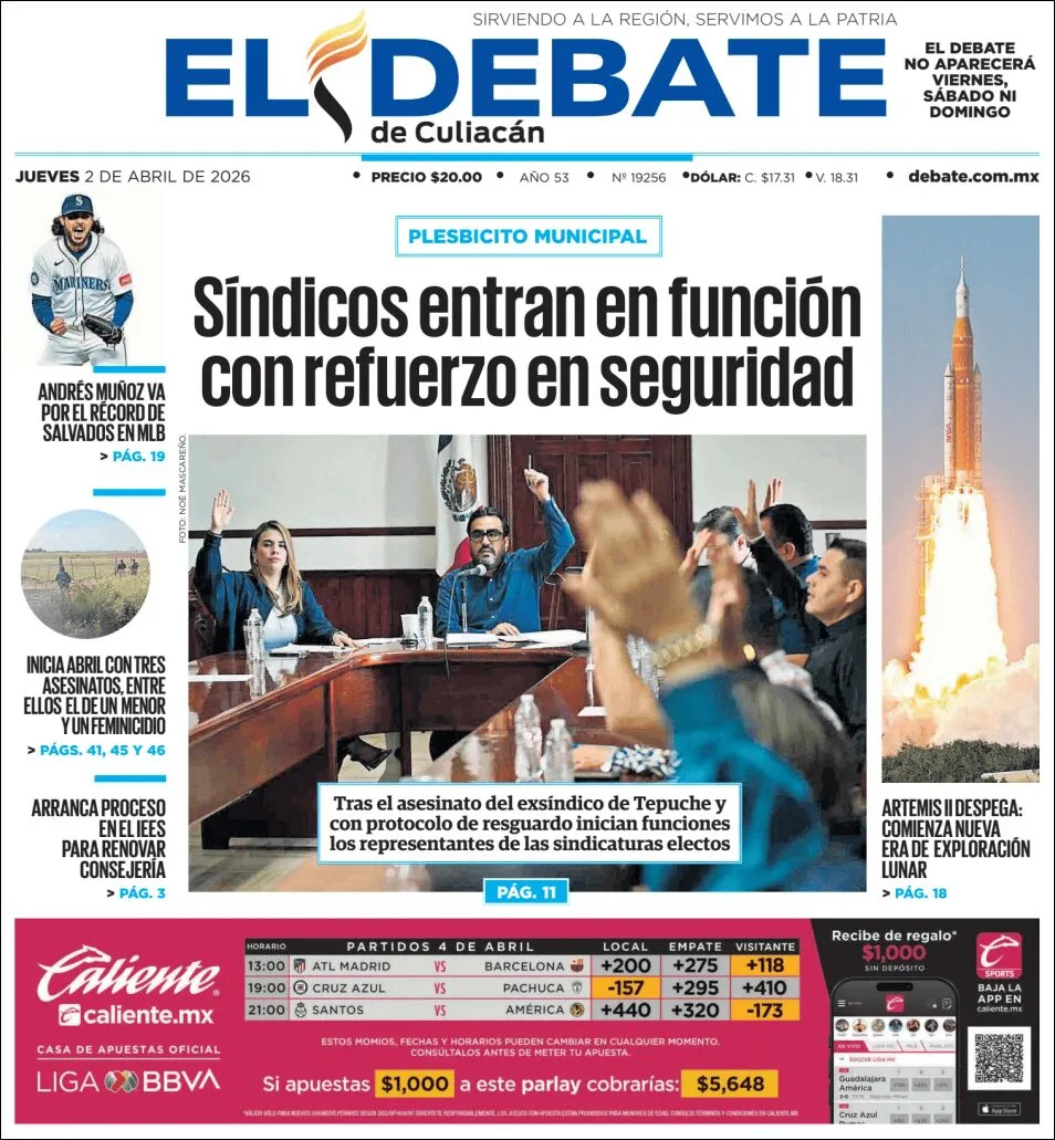 Portada de El Debate de Culiacan del jueves, 2 de abril de 2026