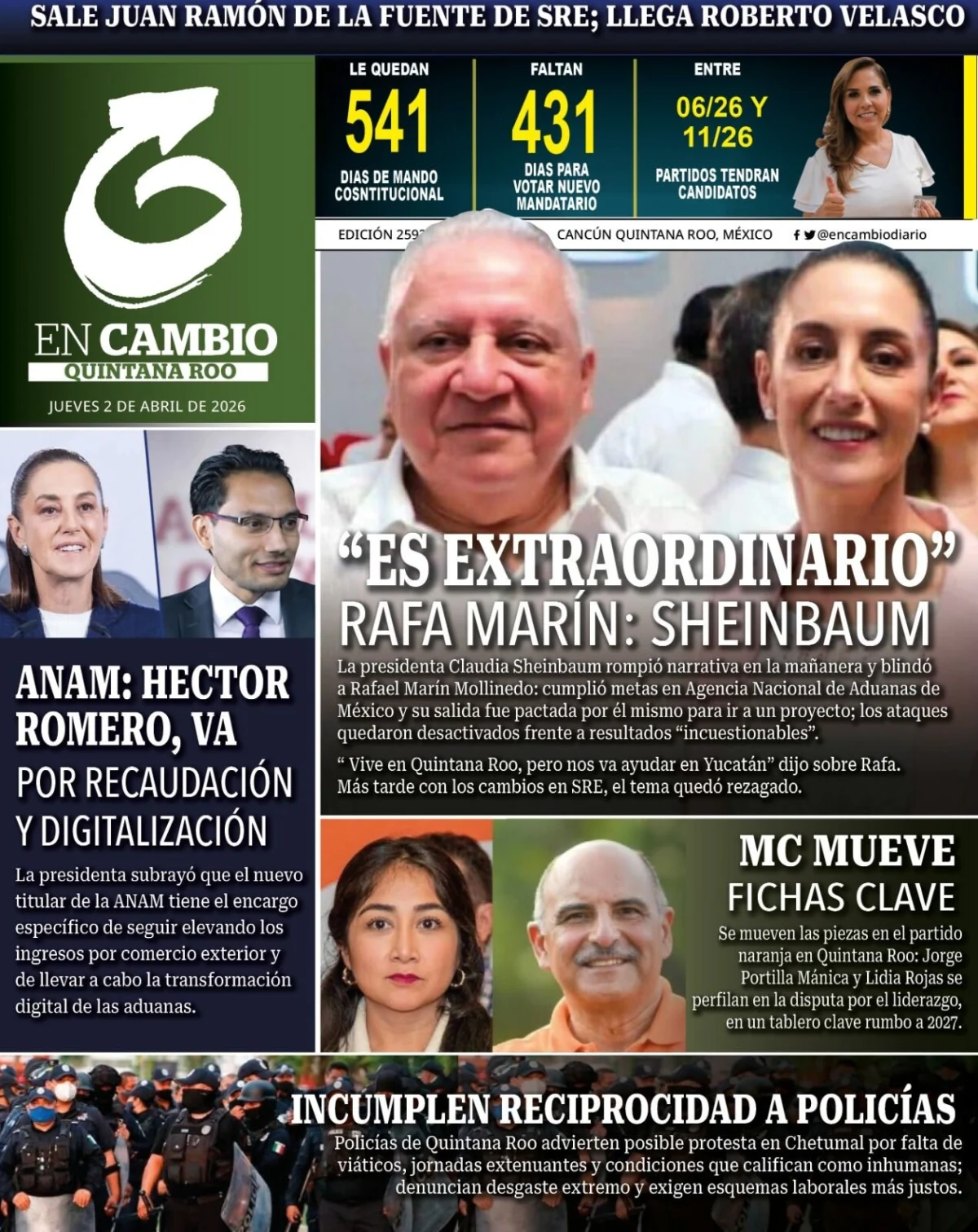 Portada de En Cambio - Quintana Roo (contraportada) del jueves, 2 de abril de 2026