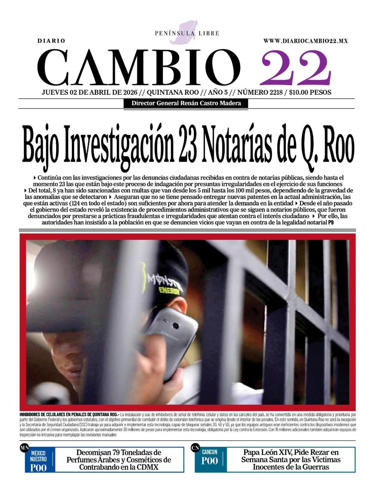 Portada de Diario Cambio 22 (contraportada) del jueves, 2 de abril de 2026
