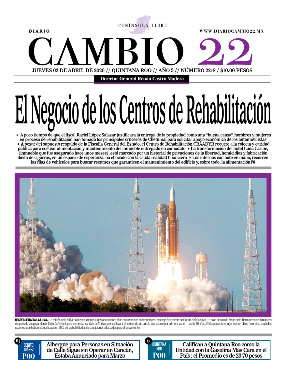 Portada de Diario Cambio 22 (portada) del jueves, 2 de abril de 2026