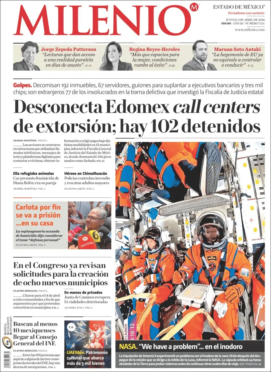 Portada de Milenio Edo de Mexico del jueves, 2 de abril de 2026