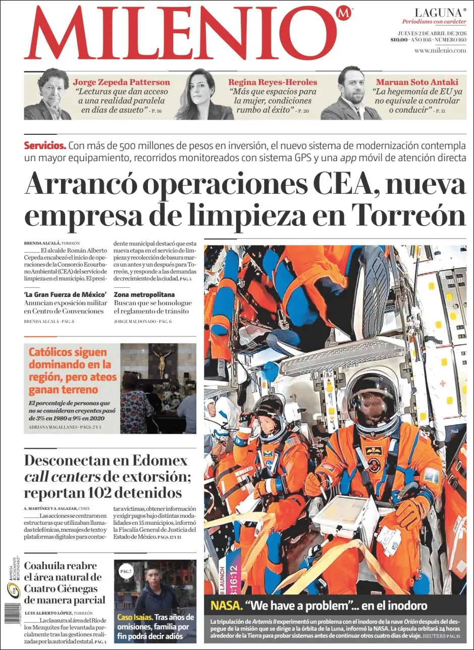 Portada de Milenio Laguna del jueves, 2 de abril de 2026