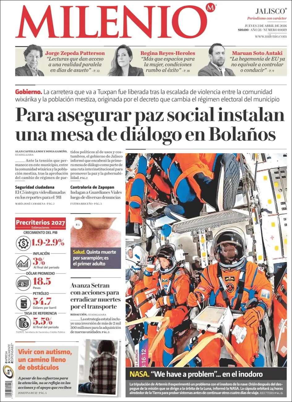 Portada de Milenio Hidalgo del jueves, 2 de abril de 2026