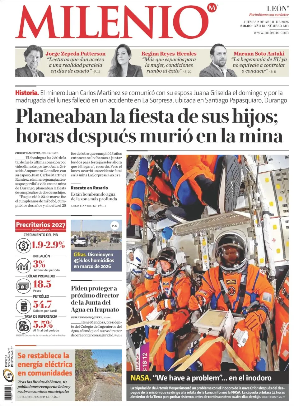 Portada de Milenio Leon del jueves, 2 de abril de 2026