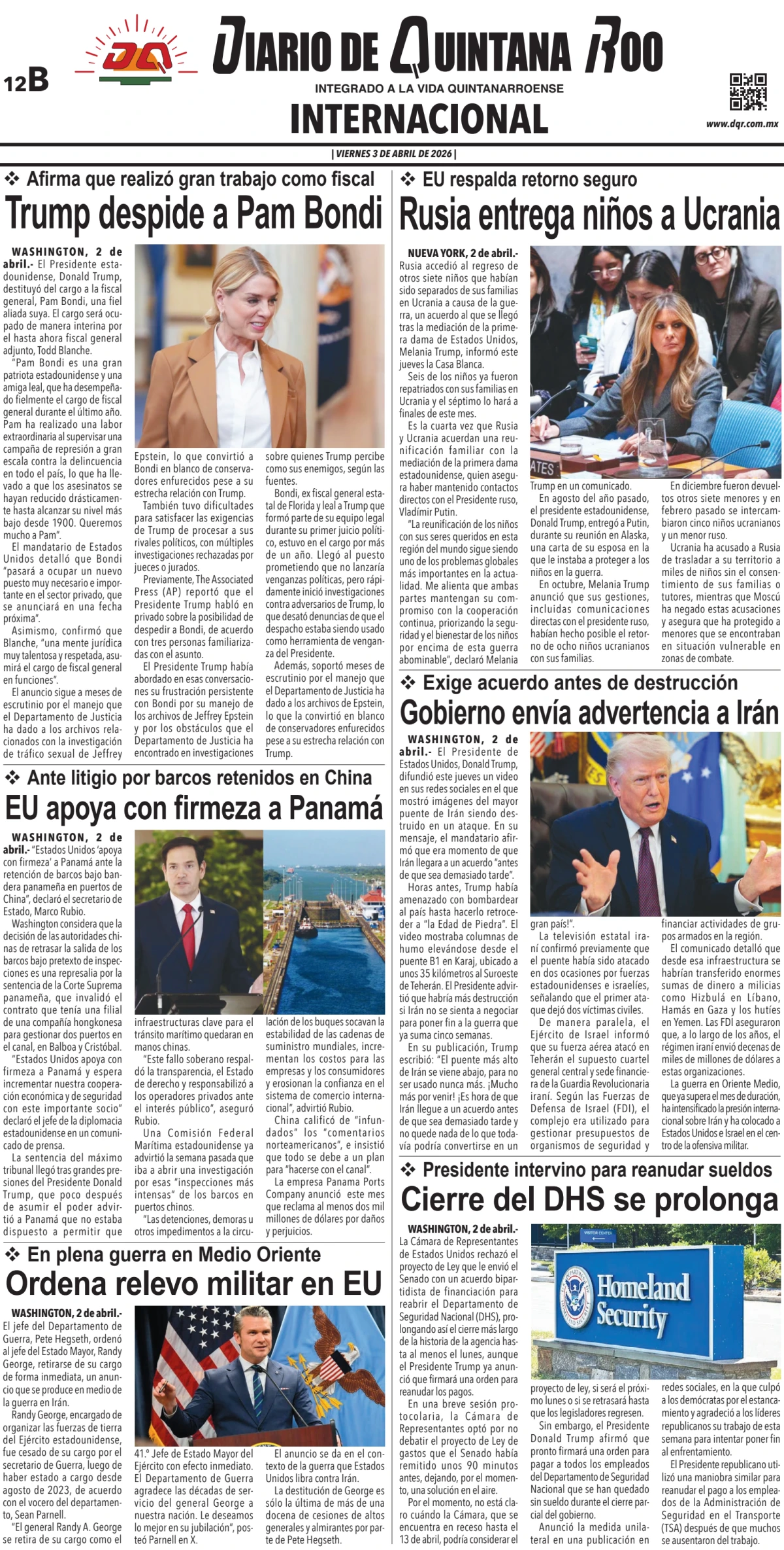 Portada de Diario de Quintana Roo (contra Portada) del viernes, 3 de abril de 2026