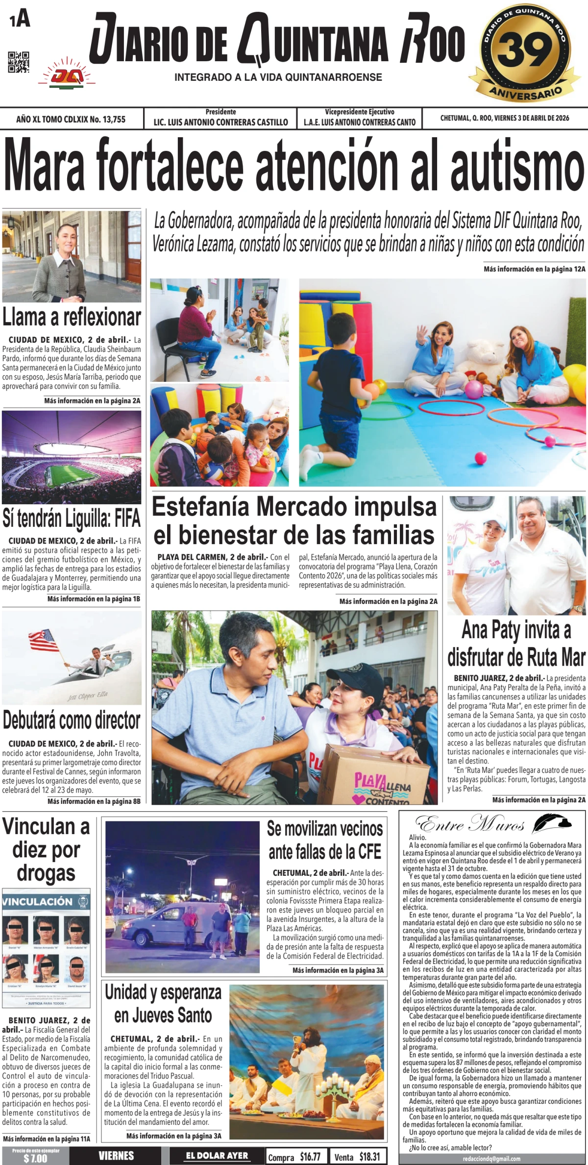 Portada de Diario de Quintana Roo (portada) del viernes, 3 de abril de 2026